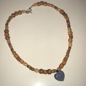 bead necklace with sterling silver and blue heart